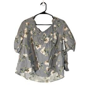 C.O.C Blue Floral Smocked Neck Short Sleeve Curvy Fit Blouse Women Sz 2XL